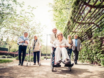Eine Gruppe Senioren mit Rollstuhl, Rollator und Gehstock im Park