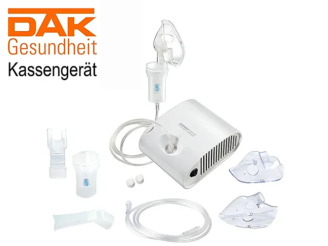 Produktbild SERVOX<sup>&reg;</sup> VP-C1 Compressor Nebulizer Zubehörteile auf weißem Grund mit Schriftzug DAK Gesundheit