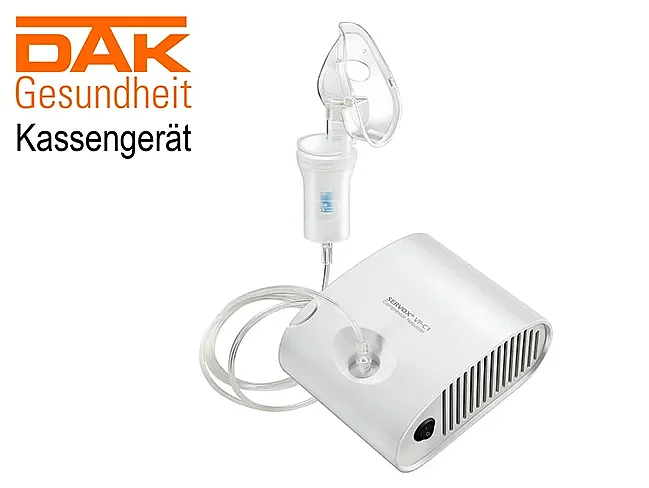 Produktbild SERVOX<sup>&reg;</sup> VP-C1 Compressor Nebulizer auf weißem Grund mit Schriftzug DAK Gesundheit