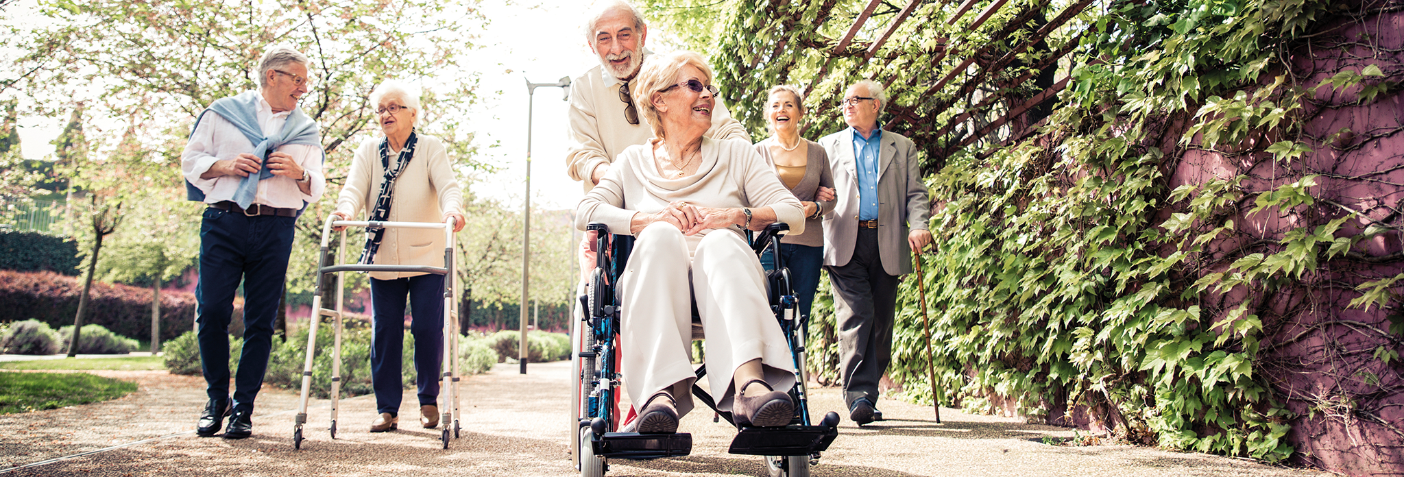 Eine Gruppe Rentner mit Rollstuhl, Gehilfe und Rollator im Park